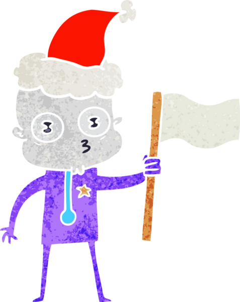 Bir insan tarafından çizilmiş Noel Baba şapkalı tuhaf kel bir uzaylının el çizimi karikatürü.