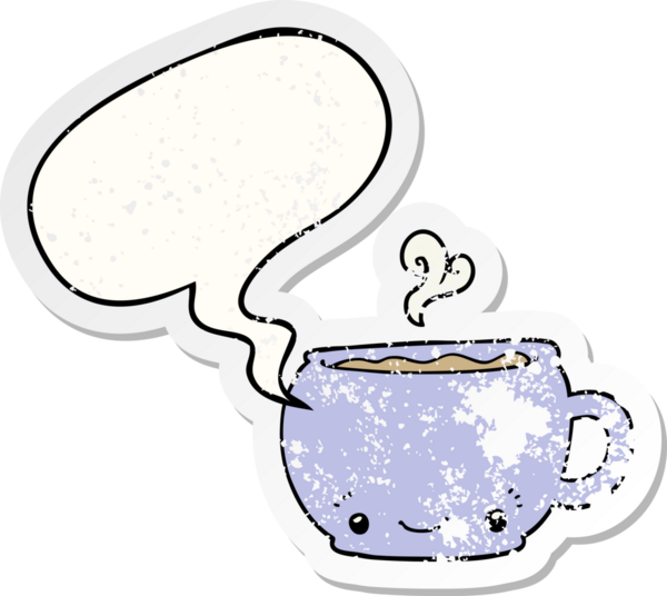 Bir insan tarafından çizilmiş, sıkıntılı, sıkıntılı, eski bir çıkartma olan bir kahve fincanı.