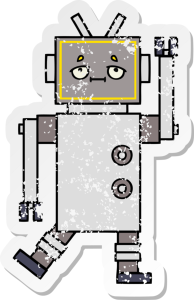 Bir insan tarafından çizilmiş sevimli bir robot çizgi film çıkartması.