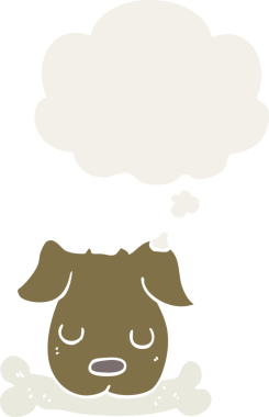 Düşünce baloncuğu olan kemikli çizgi film köpeği insan tarafından çizilmiş.