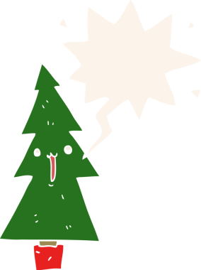 bir insan tarafından çizilmiş retro tarzı konuşma baloncuğu olan çizgi film noel ağacı