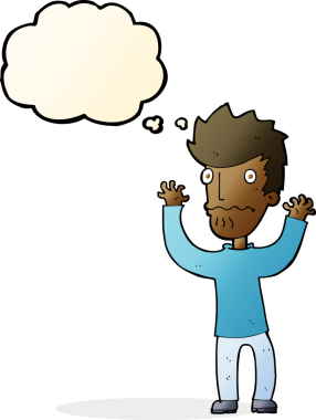 Bir insan tarafından çizilmiş düşünce baloncuğu olan korkmuş bir adam.