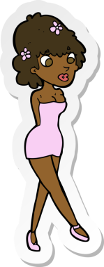 Bir insan tarafından çizilmiş elbiseyle poz veren bir karikatür kadının çıkartması.