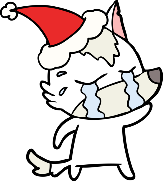 Bir insan tarafından çizilmiş Noel Baba şapkası giymiş ağlayan bir kurdun el çizimi.