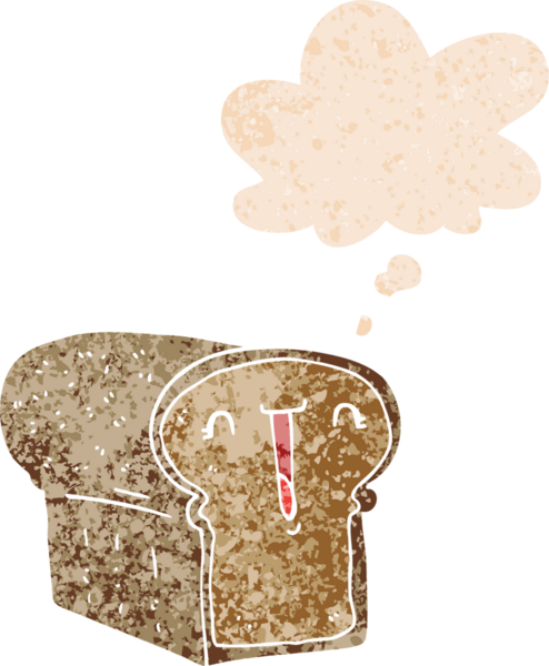 Düşünce baloncuklu tatlı bir ekmek karikatürü grunge sıkıntılı retro dokuma tarzı bir insan tarafından çizilmiş