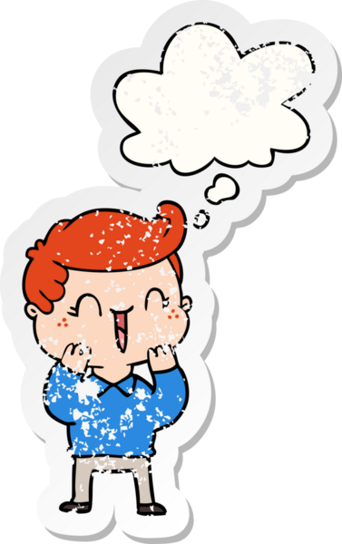 Düşünce balonlu gülen çocuk bir insan tarafından çizilmiş kederli bir çıkartma.