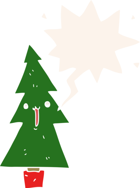 bir insan tarafından çizilmiş retro tarzı konuşma baloncuğu olan çizgi film noel ağacı