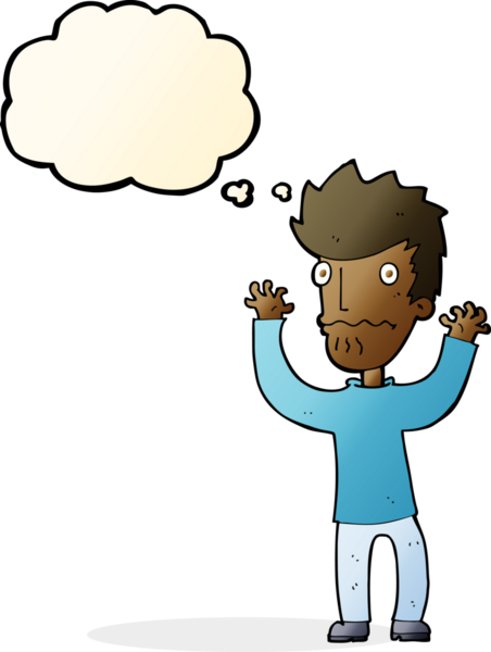 Bir insan tarafından çizilmiş düşünce baloncuğu olan korkmuş bir adam.