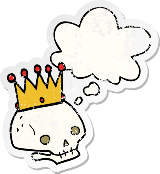 Düşünce baloncuklu karikatür kafatası insan tarafından çizilmiş yıpranmış bir çıkartma gibi.