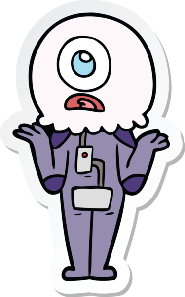 Çizgi film çıkartması Kiklops uzaylı uzay adamı bir insan tarafından çizilmiş omuz silkiyor