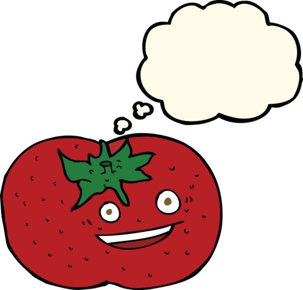 Bir insan tarafından çizilmiş düşünce baloncuklu domates.
