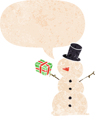 bir insan tarafından çizilmiş grunge sıkıntılı retro biçimli konuşma balonu ile kardan adam çizgi filmi