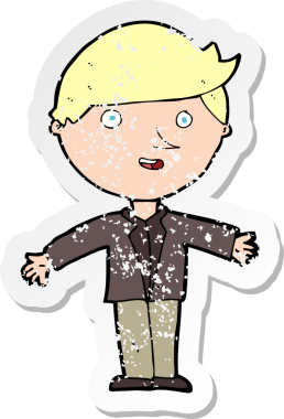 Bir insan tarafından çizilmiş sıradan ceketli bir çizgi film karakterinin gerilimli çıkartması.