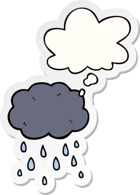 Düşünce baloncuklarıyla yağmur yağıyor. Bir insan tarafından çizilmiş bir çıkartma gibi.