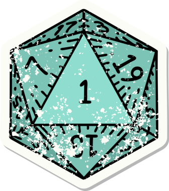 Bir insan tarafından çizilmiş 1 D20 zarının grunge sticker 'ı