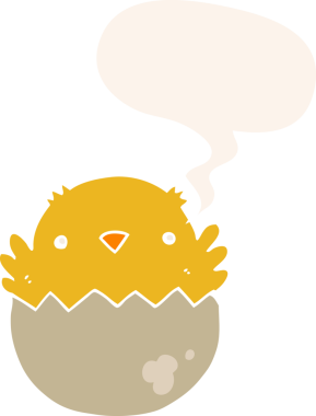 Karikatür civcivi yumurtadan çıkıyor. Konuşma baloncuğu eski moda bir insan tarafından çizilmiş.