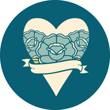 İkonik dövme stili bir kalp ve bir insan tarafından çizilmiş çiçekli pankart.