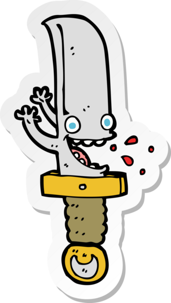 Bir insan tarafından çizilmiş çılgın bir bıçak çizgi film karakterinin çıkartması.