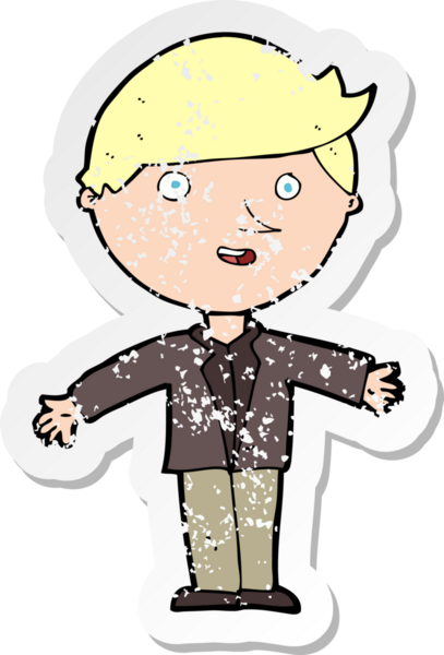 Bir insan tarafından çizilmiş sıradan ceketli bir çizgi film karakterinin gerilimli çıkartması.