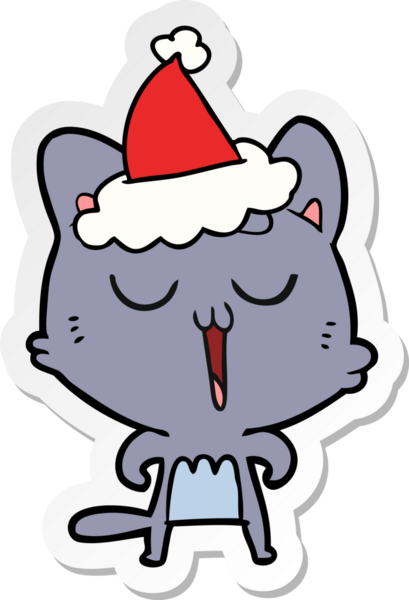 Bir insan tarafından çizilmiş Noel Baba şapkası giymiş bir kedinin el çizimi karikatürü.