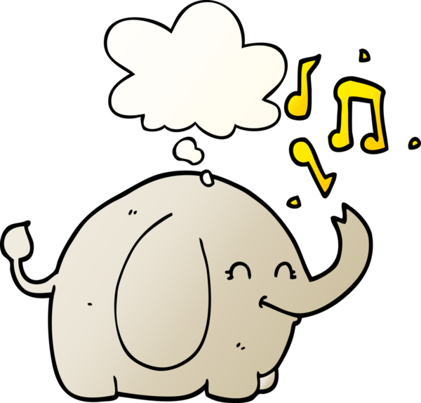 Düşünce baloncuğu olan, bir insan tarafından çizilmiş karikatür trompetçi fil.