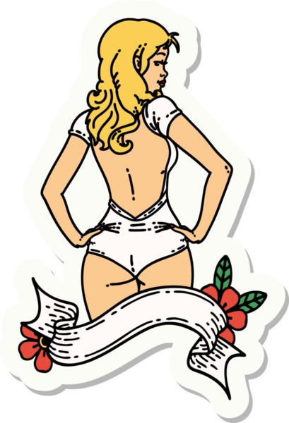 Geleneksel stil dövme çıkartması. Üzerinde insan dövmesi olan mayo kız resmi.