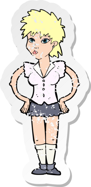 Bir insan tarafından çizilmiş kalçasında elleri olan bir karikatür kadının gerilmiş çıkartması.