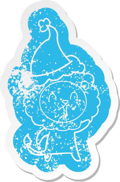 Gülen aslan çizgi filmi, bir insan tarafından çizilmiş Noel Baba şapkasının çıkartması.