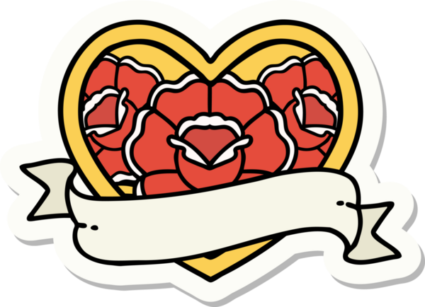 Geleneksel kalp stili dövme çıkartması ve bir insan tarafından çizilmiş çiçekli pankart.