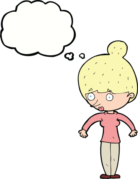 Bir insan tarafından çizilmiş düşünce balonuyla bakan çizgi film kadını.