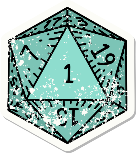 Bir insan tarafından çizilmiş 1 D20 zarının grunge sticker 'ı