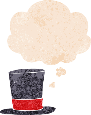 Düşünce baloncuklu çizgi film silindir şapkası bir insan tarafından çizilmiş grunge sıkıntılı retro desen tarzı