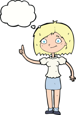 Bir insan tarafından çizilmiş düşünce baloncuğu fikri olan karikatür kadın.