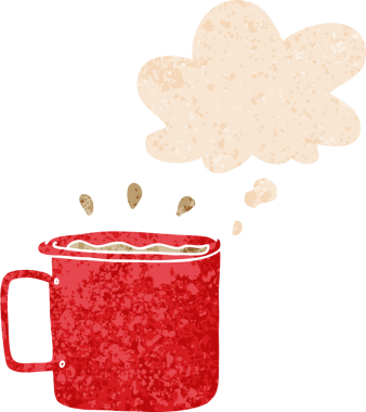 Düşünce baloncuklu çizgi film kampı kahvesi. Bir insan tarafından çizilmiş dertli retro tarzı.