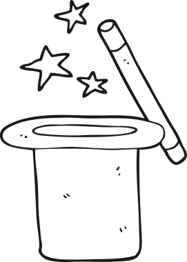 Bir insan tarafından çizilmiş siyah beyaz çizgi film sihirbazının silindir şapkası.