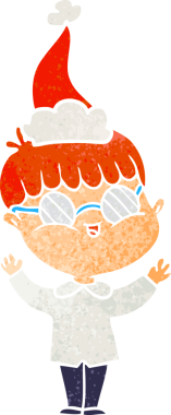 Bir insan tarafından çizilmiş Noel Baba şapkası takan gözlüklü bir çocuğun el çizimi karikatürü