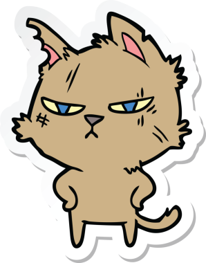 Bir insan tarafından çizilmiş sert bir çizgi film kedisinin çıkartması.