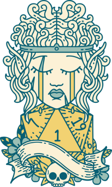 Retro Dövme Tarzı Ağlayan Elf Barbar Karakteri Bir D20 rulosu Bir insan tarafından çizilmiş