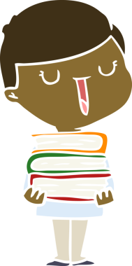 Düz renkli çizgi film mutlu çocuk bir insan tarafından çizilmiş kitap yığınıyla