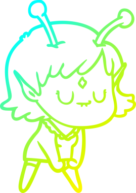 Bir insan tarafından çizilmiş kas pozu veren uzaylı bir kızın soğuk çizgi çizimi.