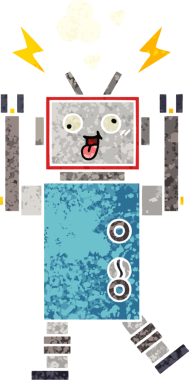 Bir insan tarafından çizilmiş çatlak bir robotun retro çizim tarzı karikatürü.