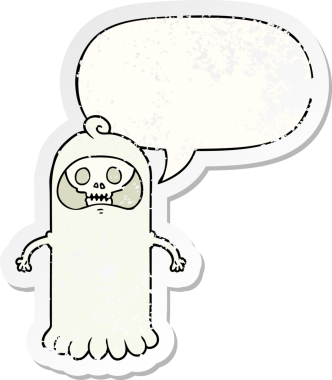 Bir insan tarafından çizilmiş, sıkıntılı, eski bir çıkartma olan, konuşma baloncuklu, tuhaf kafataslı bir karikatür.