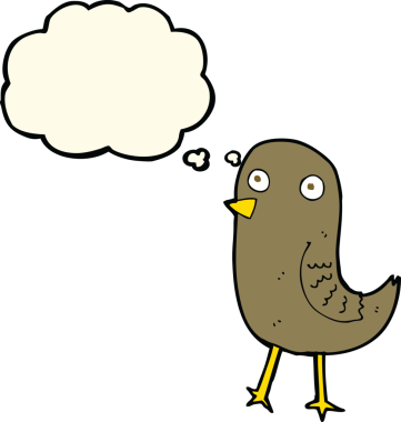 Bir insan tarafından çizilmiş düşünce baloncuklu komik çizgi film kuşu.