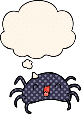 Çizgi roman tarzında düşünce baloncuğu olan çizgi film örümceği insan tarafından çizilmiş.