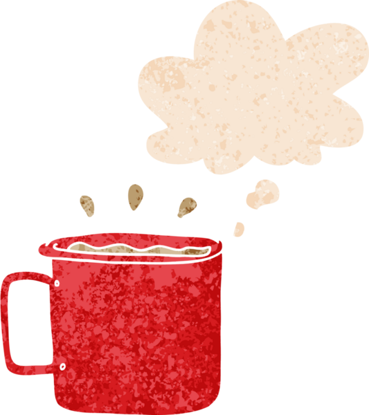 Düşünce baloncuklu çizgi film kampı kahvesi. Bir insan tarafından çizilmiş dertli retro tarzı.