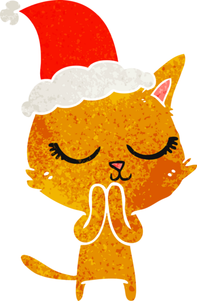 Sakin bir el çizimi. Bir insan tarafından çizilmiş Noel Baba şapkası takan bir kedinin eski çizgi filmi.