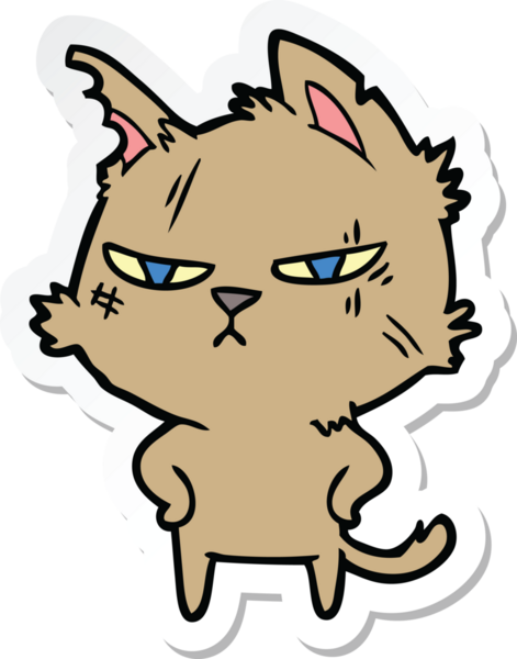 Bir insan tarafından çizilmiş sert bir çizgi film kedisinin çıkartması.