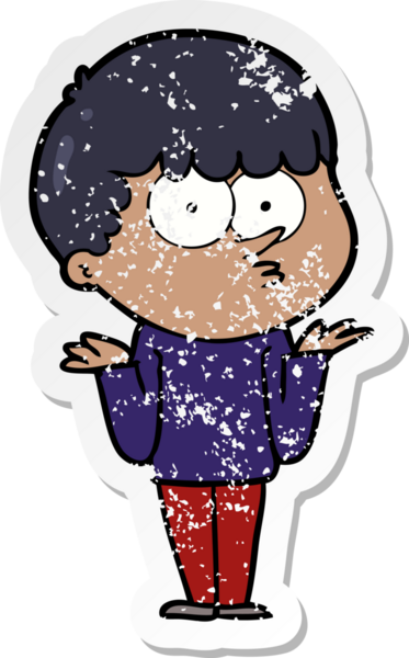 Bir insan tarafından çizilmiş omuzlarını silken meraklı bir çizgi film karakterinin sıkıntılı çıkartması.