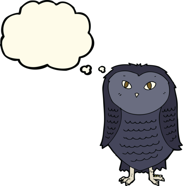 Bir insan tarafından çizilmiş düşünce baloncuklu çizgi film baykuşu