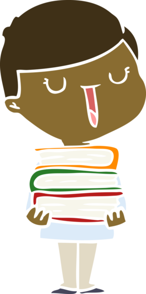 Düz renkli çizgi film mutlu çocuk bir insan tarafından çizilmiş kitap yığınıyla